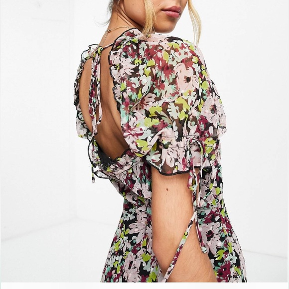 ASOS DESIGN chiffon midi dress with lace applique in floral ditsy print - Picture 4 of 9